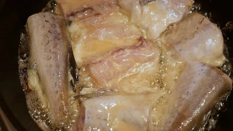 Deep frying breaded fish fillet slices on a pan Stock Footage 97762177