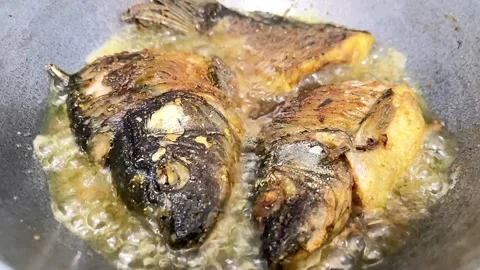 Deep Frying Fresh Fish in Hot Oil Until Golden Brown and Crispy Stock Footage 340777353