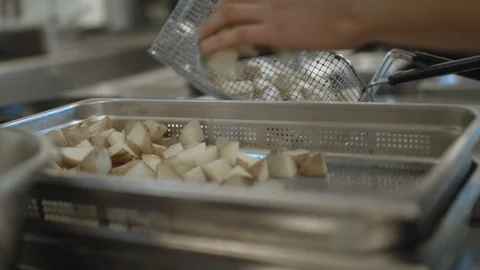 Deep Frying Potatoes In Professional Kitchen Stock Footage 95149725