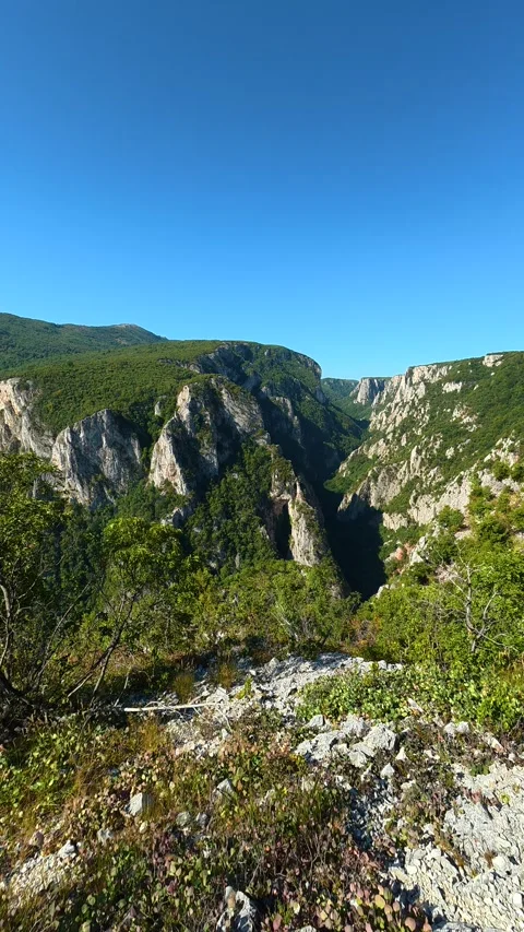 Deep gorge splits rock. Lazar's Canyon, Serbia Vertical Video stock 345337943