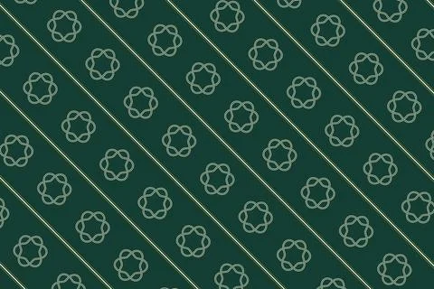 A deep green background carries repeating golden looped rosettes between di.. Stock Illustration
