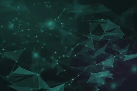 A deep green field filled with luminous teal nodes and faceted forms create.. Illustrazione stock