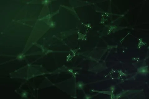 A deep green field of luminous points, delicate lines, and scattered polygo.. Stock Illustration