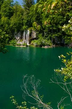 Deep green lake with distant waterfall on limestone rock, framed by forest,.. Stock Photos