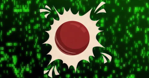 Deep green matrix code scrolling while vibrant red cricket ball bursting Stock Footage 316119299