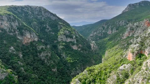 Deep Green Mountain Gorge with Distant Sea in Greece Stock Footage 336565395