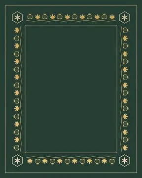 A deep green rectangular layout is embellished with repeating golden leaves.. Stock-Illustration