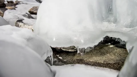 Deep ice texture lake Baikal water frozen, clear liquid dripping down time lapse Stockbeeldmateriaal 317515951