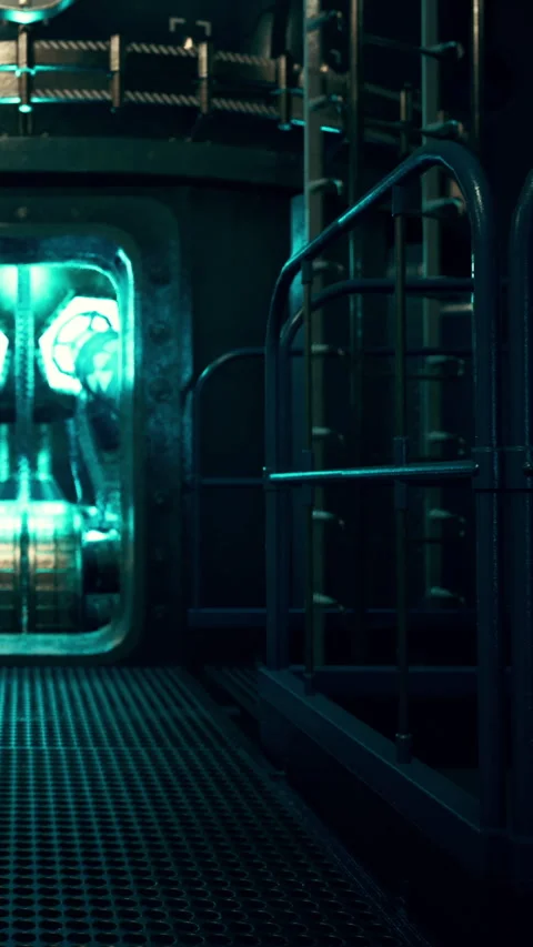 Deep inside a futuristic facility with glowing machinery and metal structures Video stock 337954546
