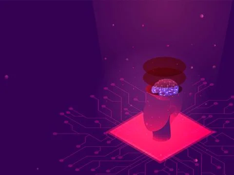 Deep Learning concept, human brain on holograph circuit purple background. Stock Illustration