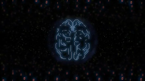 Deep learning modern technologies concept. Brain frame in matrix world absorbing Stock Footage 125965473