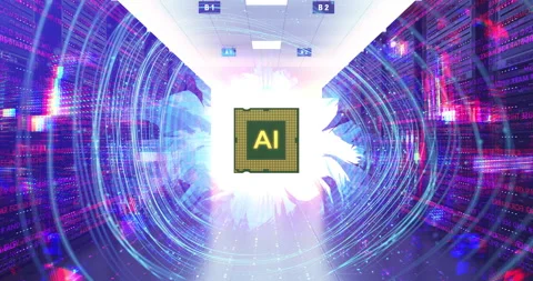 Deep learning server room with central AI chip processor. Stock Footage 332427273