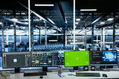 Deep learning software running on green screen mockup PCs in data center Stock Photos