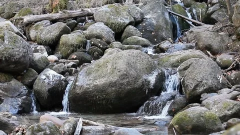 Deep mountain stream flowing among rocks covered with moss. Vídeo Stock 148198094