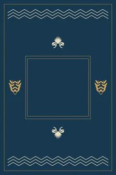 A deep navy field is bordered by cream zigzags, gold foliage, and centered .. Stock-Illustration
