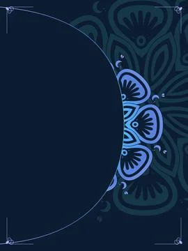 A deep navy ornamental frame features a luminous blue floral mandala on the.. Ilustração Stock