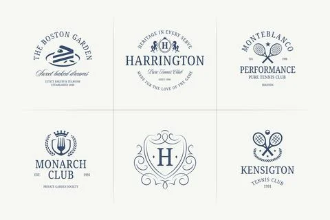 Deep navy vintage logo pack featuring tennis racket, pastry, dining fork and  Stock Illustration