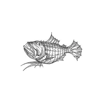 Deep ocean fish with sharp teeth isolated sketch Stock Illustration