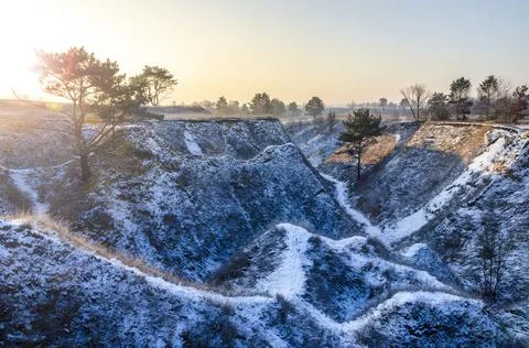 Deep ravine with pine trees and snow covered slopes. 스톡 사진