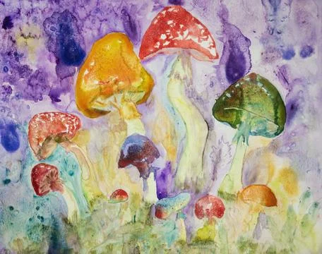 Deep red, orange, blue and green psychedelic mushrooms with speckles Stock Illustration