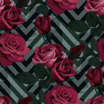 Deep red roses vector seamless pattern. Dark flowers on chevron background Stock Illustration