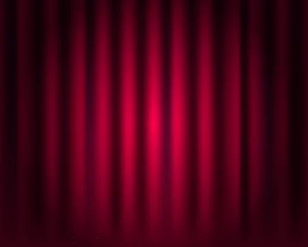 Deep red stage curtains, heavy fabric folds catch the light creating shadows 스톡 일러스트