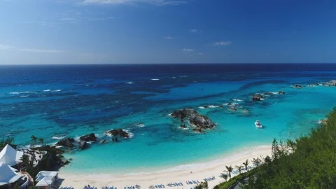 Deep Reef Water Off a Lounger Lined Bermuda Beach Stock Footage 91158432