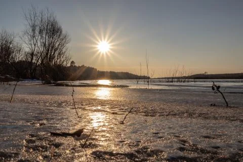 Deep river on the eve of ice drift in the spring in March. Stock Photos