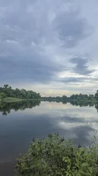 A deep river surrounded by trees and plants. Thickets of reeds. Voluminous cl Stock-Fotos