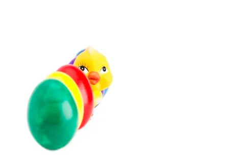 Deep row of easter eggs with looking chicken Stock Photos