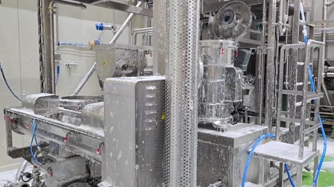 Deep Sanitation of Soy Processing Line with Acidic Foam in Modern Facility Stock Footage 331262110