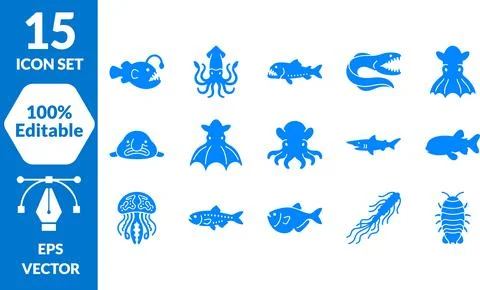 Deep Sea Creatures Icon Bundle Featuring Various Marine Animals and Ocean W.. Stock Illustration