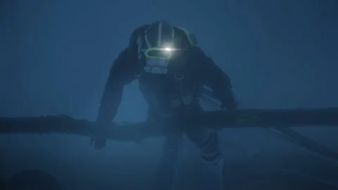 Deep Sea Diver Holding Cable Underwater Animation Vídeo Stock 169195014