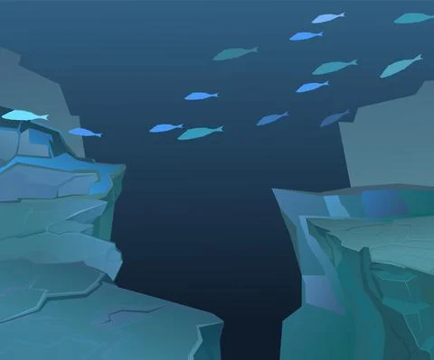 Deep sea landscape with rocky cliffs. Ocean floor. Underwater wild life of fi Stock Illustration