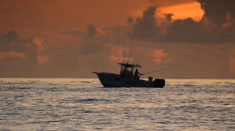 Deep Sea Ocean Saltwater Fishing on Boat During Florida Sunrise Stock Footage