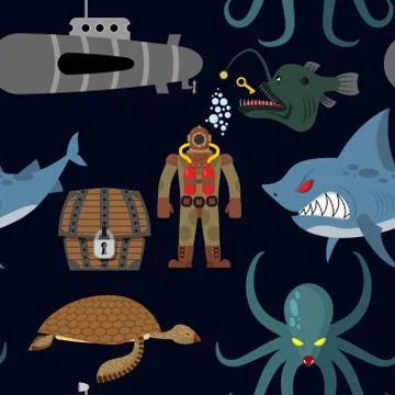 Deep sea seamless pattern. Diver and shark on black background. Sea turtle an Stock Illustration