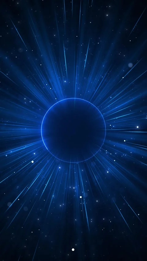 Deep space blue burst dark planet center, bright radial beams, stars Stock Footage 340477598