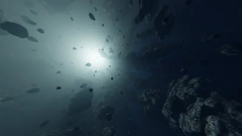 Deep space destroyed asteroid belt close to collision - seamless loop. Stock Footage 143196463