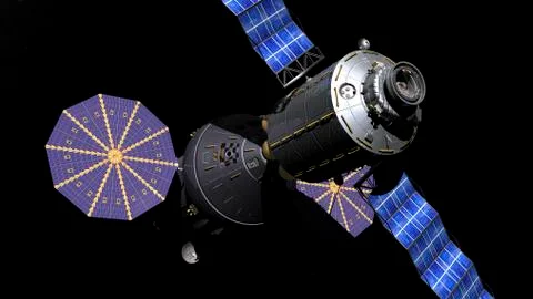 Deep Space Vehicle and Extended Stay Module starboard bow view close-up. Stock-Illustration