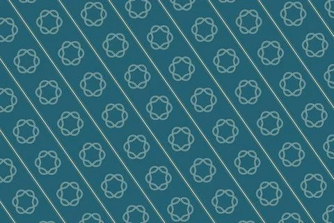 A deep teal background features pale beige outlined interlocking floral mot.. イラスト素材