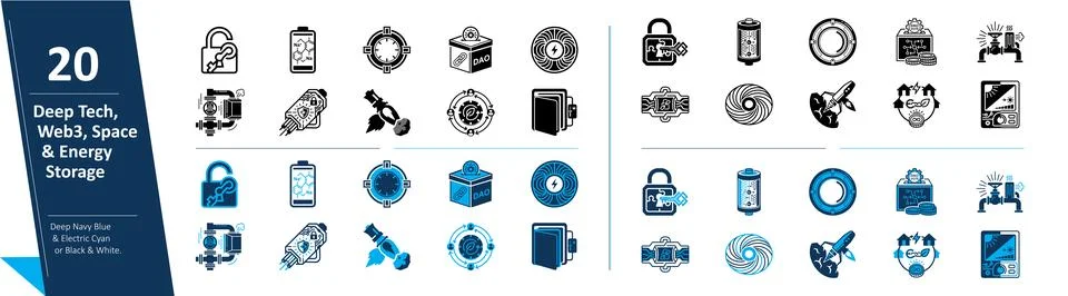 Deep Tech, Web3, Space Exploration &amp; Energy Storage Vector Icon Set Stock Illustration