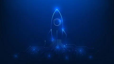 Deep Technology Background with Line Art Rocket Launching from Digital Circ.. 스톡 일러스트