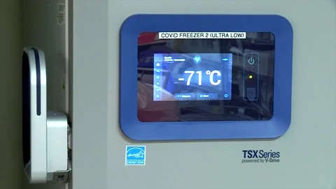 Deep-Temp Freezer ready to store COVID-19 vaccine Video stock 144402179