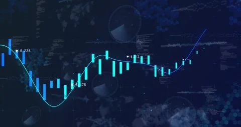 Deep trough sparking candlestick chart rising and trend line sweeping upward to Stock Footage 328384356