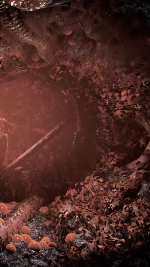 Deep view of inner structures with elements flowing in a reddish environment Stock Footage 330342761
