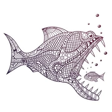 Deep water predator attacking little fish Stock Illustration