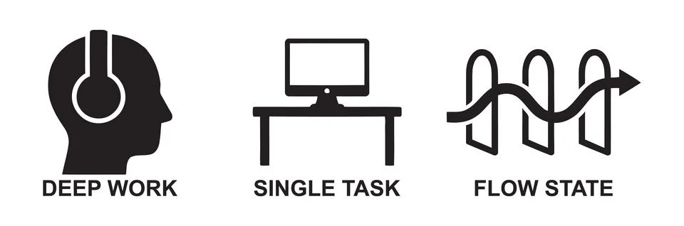 Deep work, single task, and flow state icons illustrate maximizing producti.. Stock Illustration
