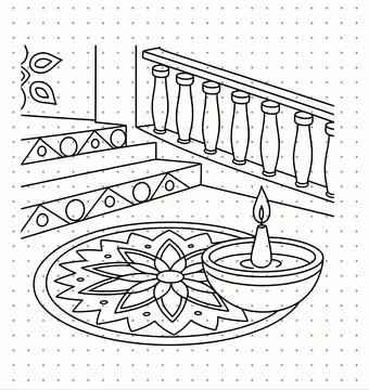 Deepavali celebration concept vector featuring lighted diya bowl, floor rangoli Stock Illustration