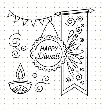 Deepavali celebration elements vector featuring Happy Diwali hanging sign, decor Stock Illustration