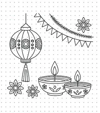 Deepavali celebration elements vector featuring hanging kandil lamp, lighted diy Stock Illustration